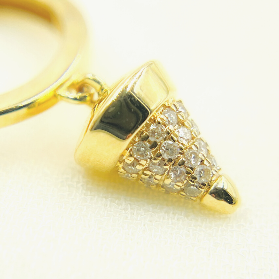 14k Solid Yellow Gold Diamond Huggie Hoop with Dangle Cone Earrings. EHF56666