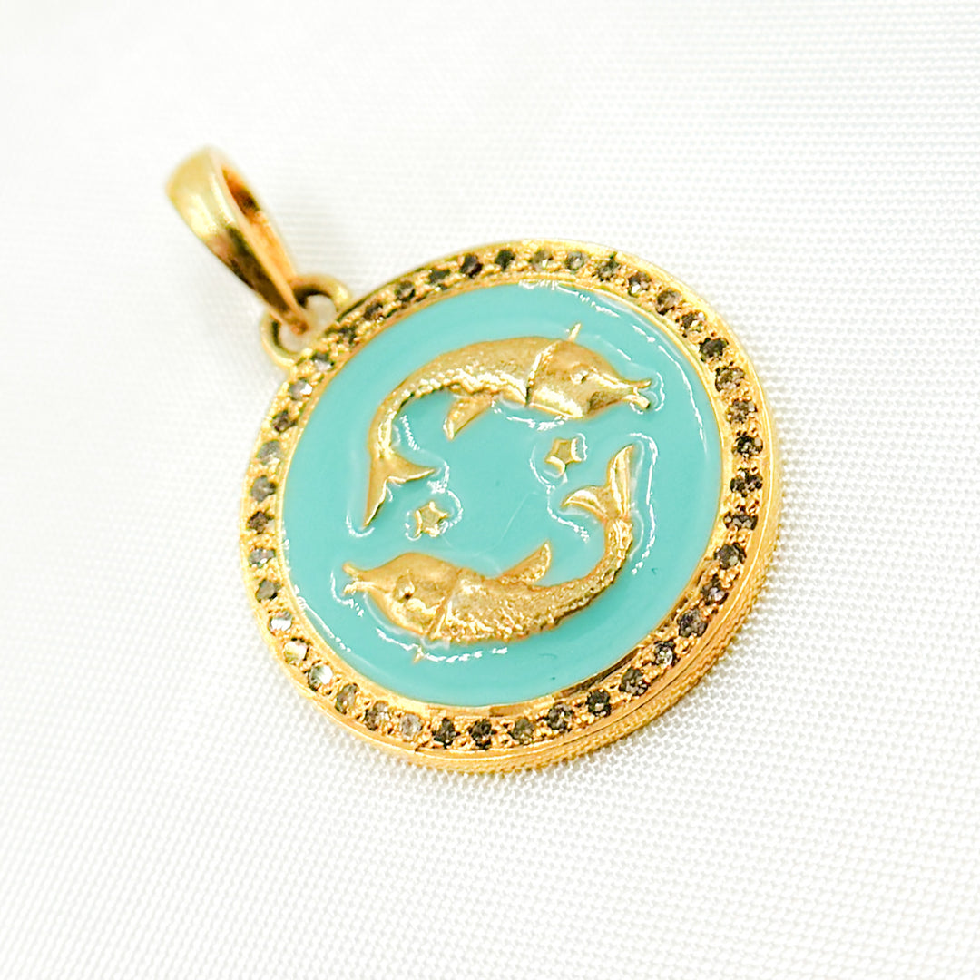 DP611A. Diamond Sterling Silver Pisces Round Zodiac Enamel Pendant