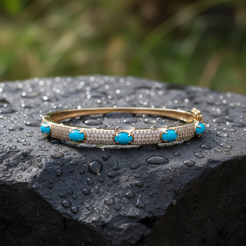 CB97356TQ6X4. 18K Solid Yellow Gold Turquoise and Diamond Fancy Bangle