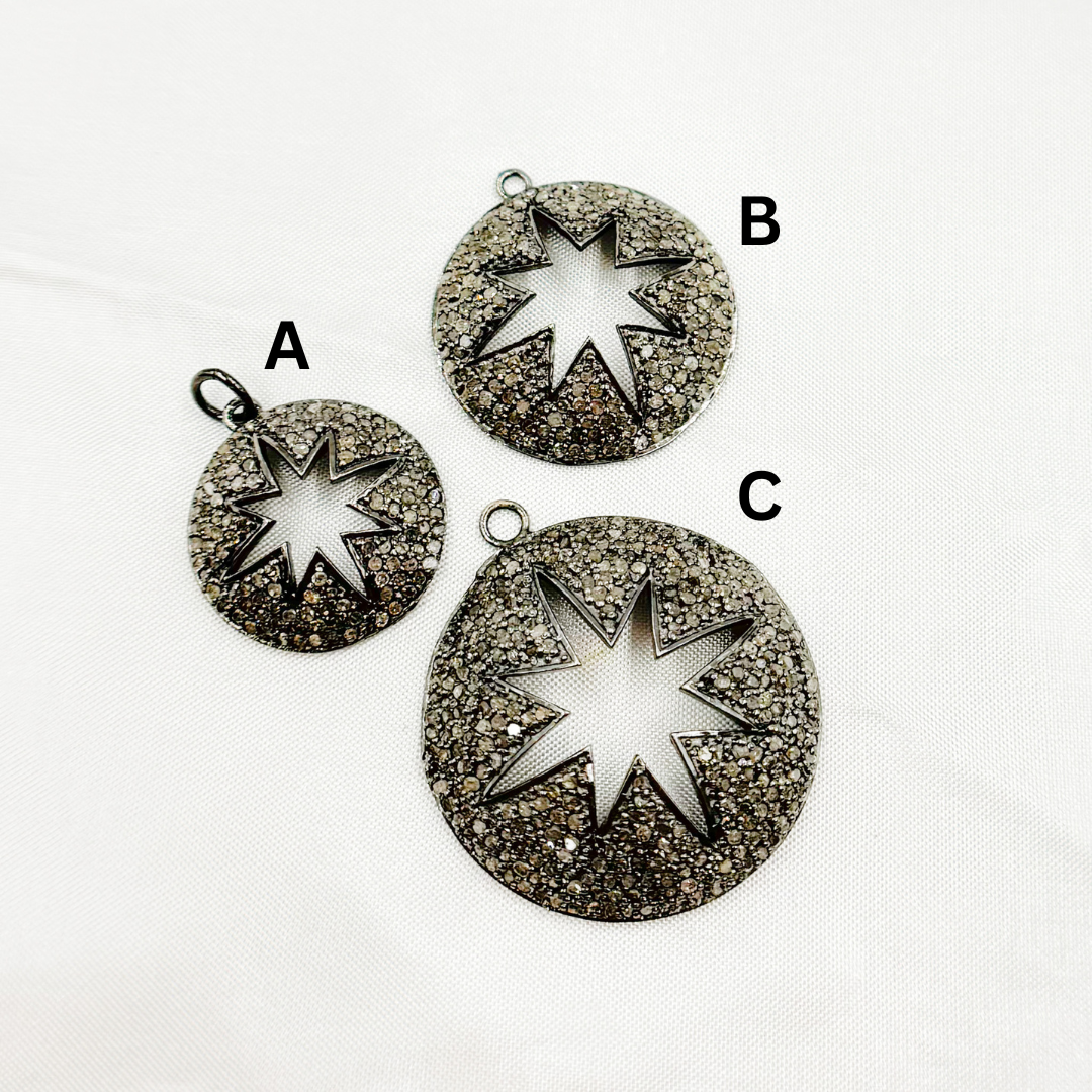 DE017. Sterling Silver Black Rhodium Diamond Round Star Pendant