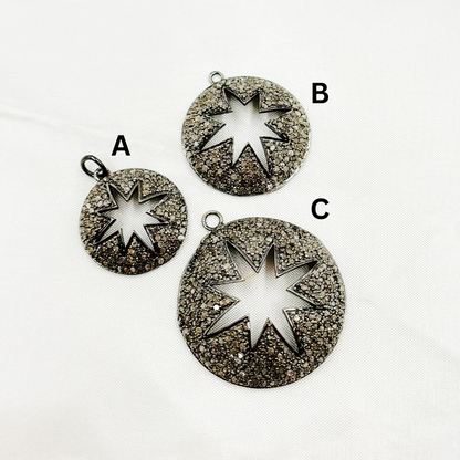 DE017. Sterling Silver Black Rhodium Diamond Round Star Pendant