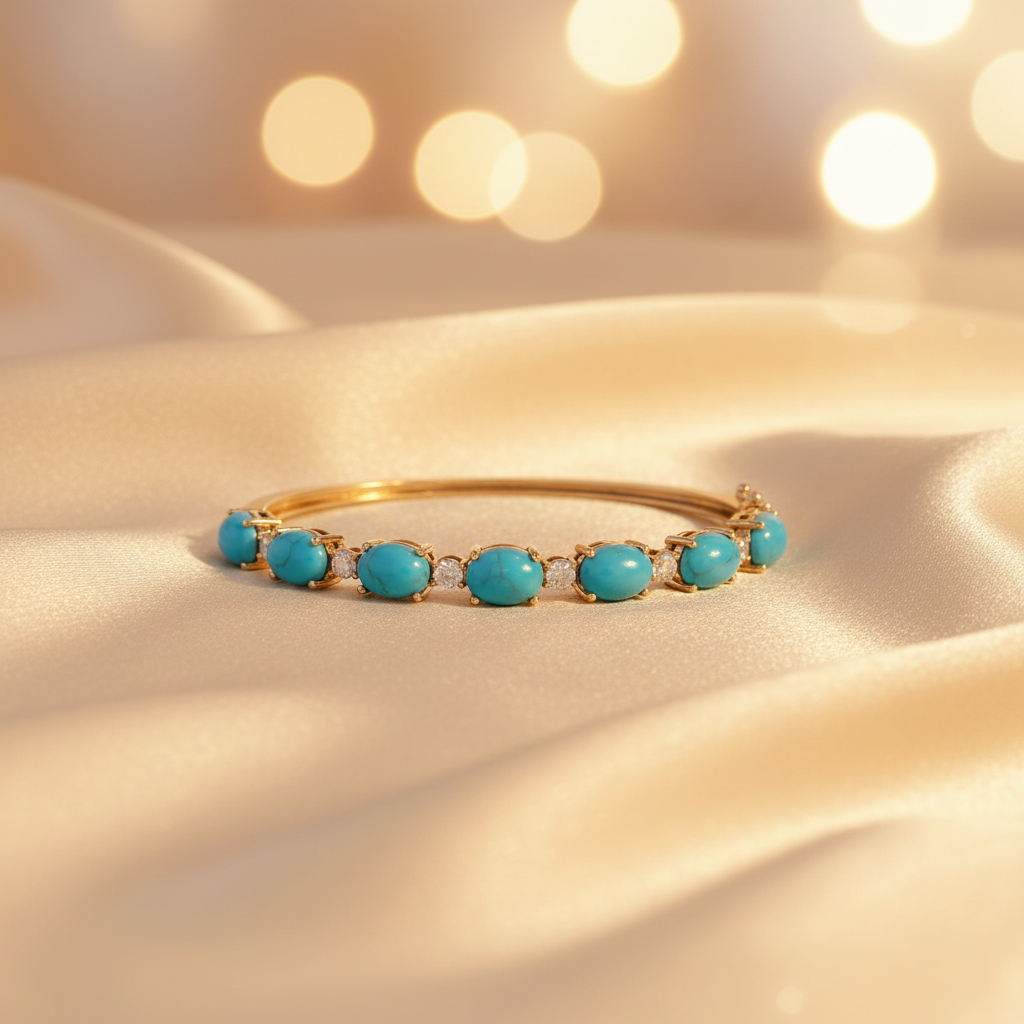 CB97360TQ8X6. 18K Solid Gold Diamond & Turquoise Bangle