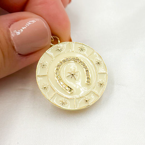 Diamond Sterling Silver Horseshoe Enamel Round Pendant