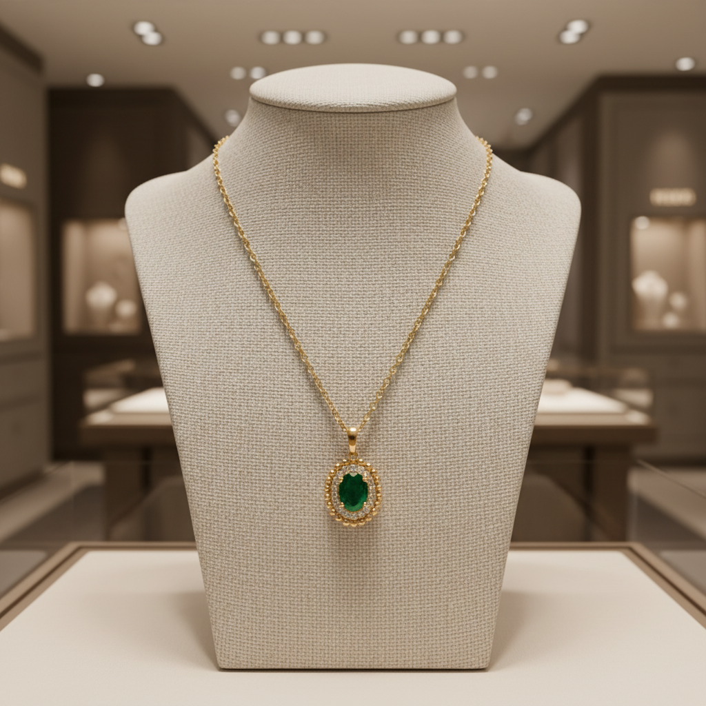 CP96735EM8X6. 18K Solid Gold Diamond & Emerald Pendant
