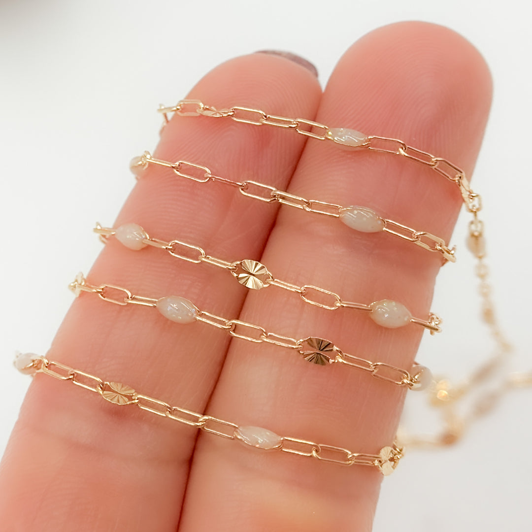 V295OP1GF. 14K Gold Filled Golden Shade Opal Enamel Chain with Paperclip and Diamond Cut Marina Links