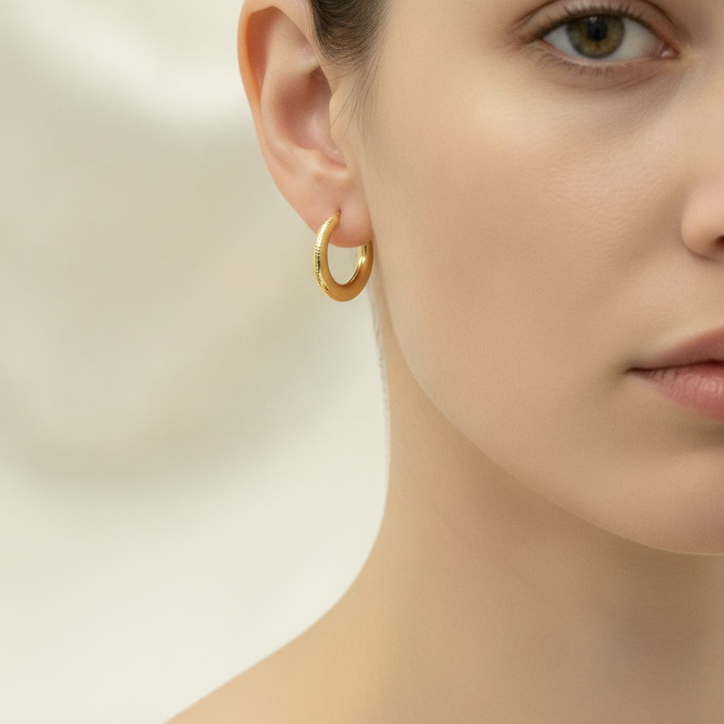GER143. 14K Gold Chunky Textured Hollow Hoop