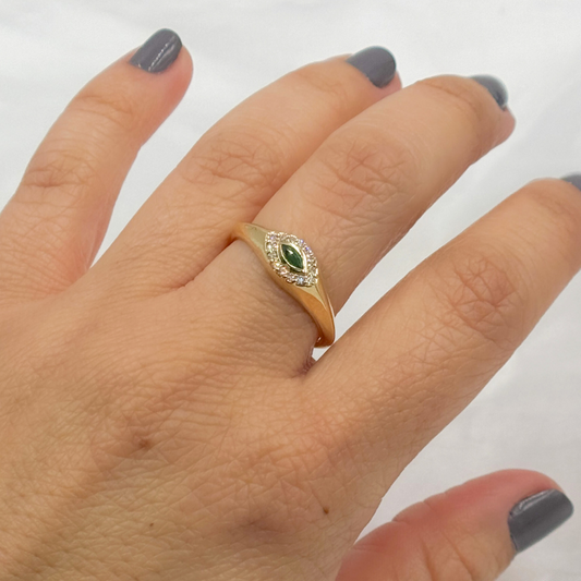 14k Solid Gold Emerald and Diamond Eye Ring.