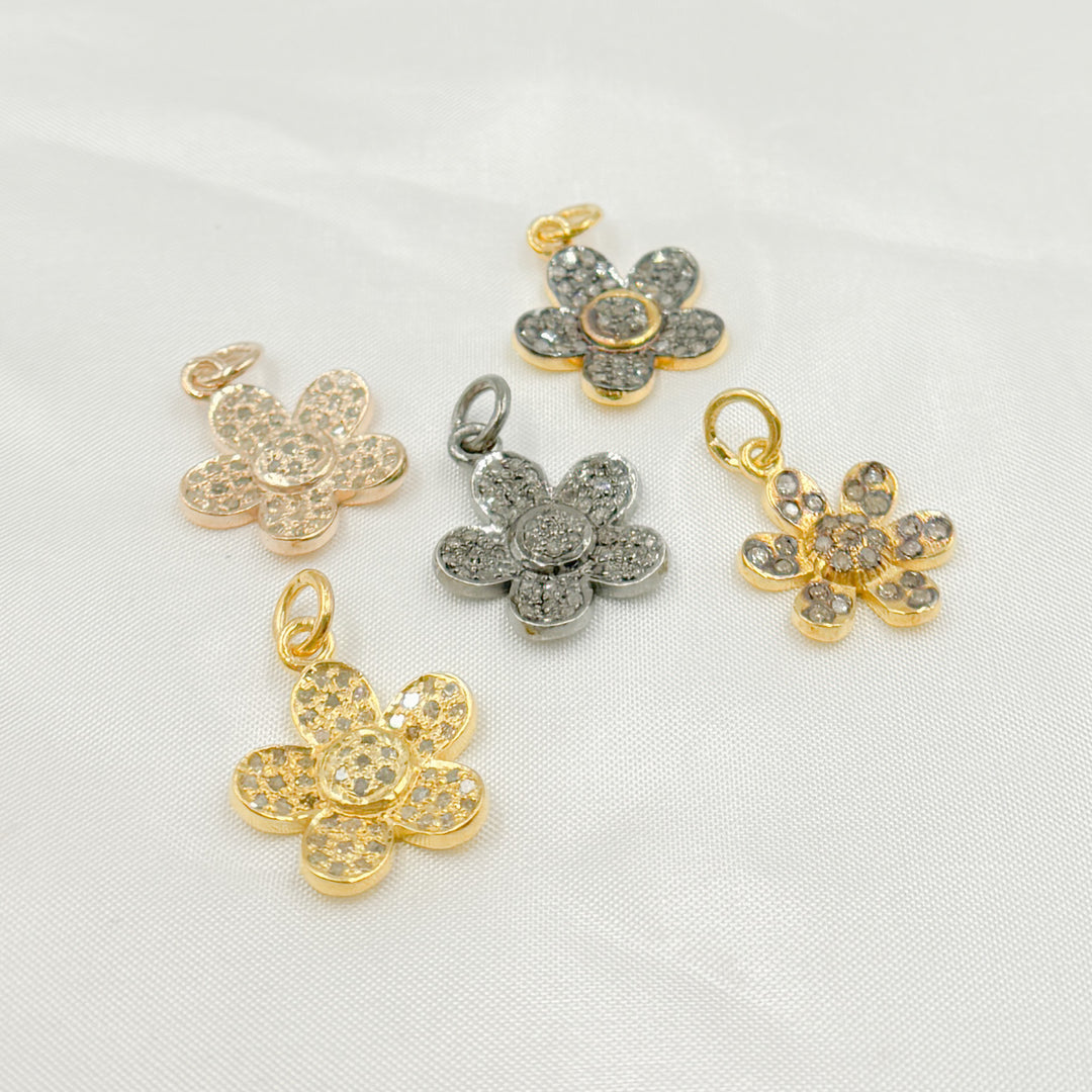DC481. Pave Diamond & 925 Sterling Silver Black Rhodium, Two Tone (Black Rhodium and Gold Plated), Gold Plated, and Rose Gold Plated Flower Charm.