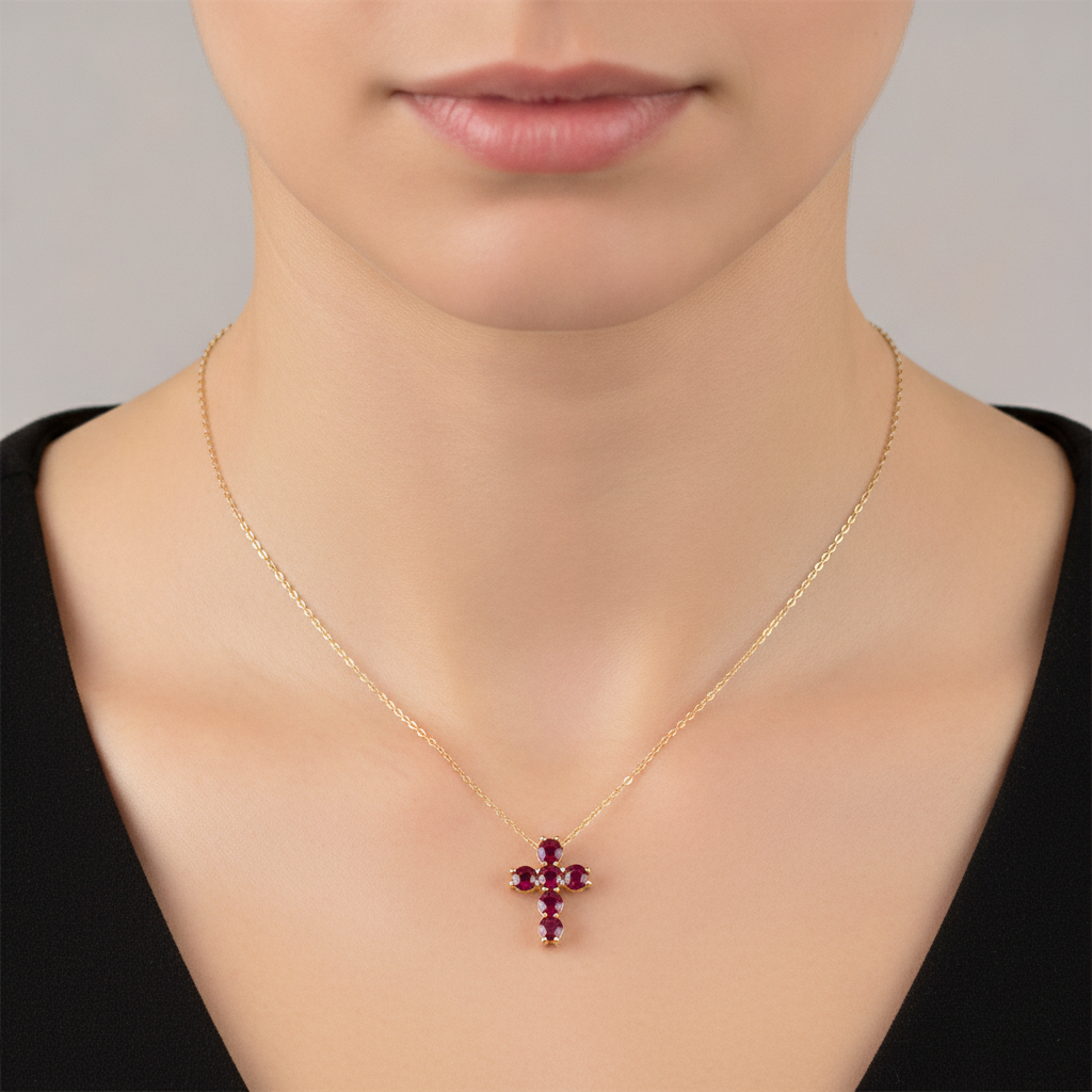 CP97251. 14k Solid Gold Gemstone Cross Necklace