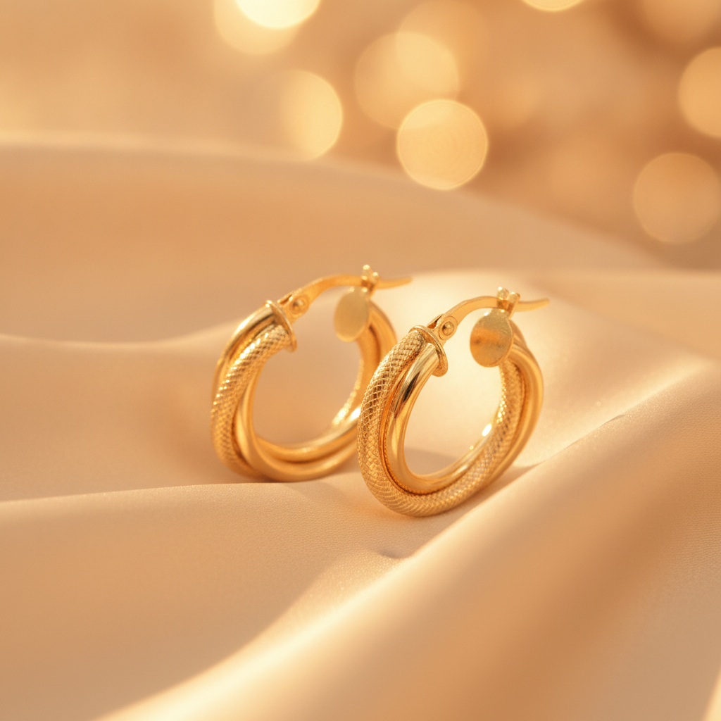 15850006741. 14K Solid Gold Smooth and Textured Twisted Triple Hollow Hoop Earrings