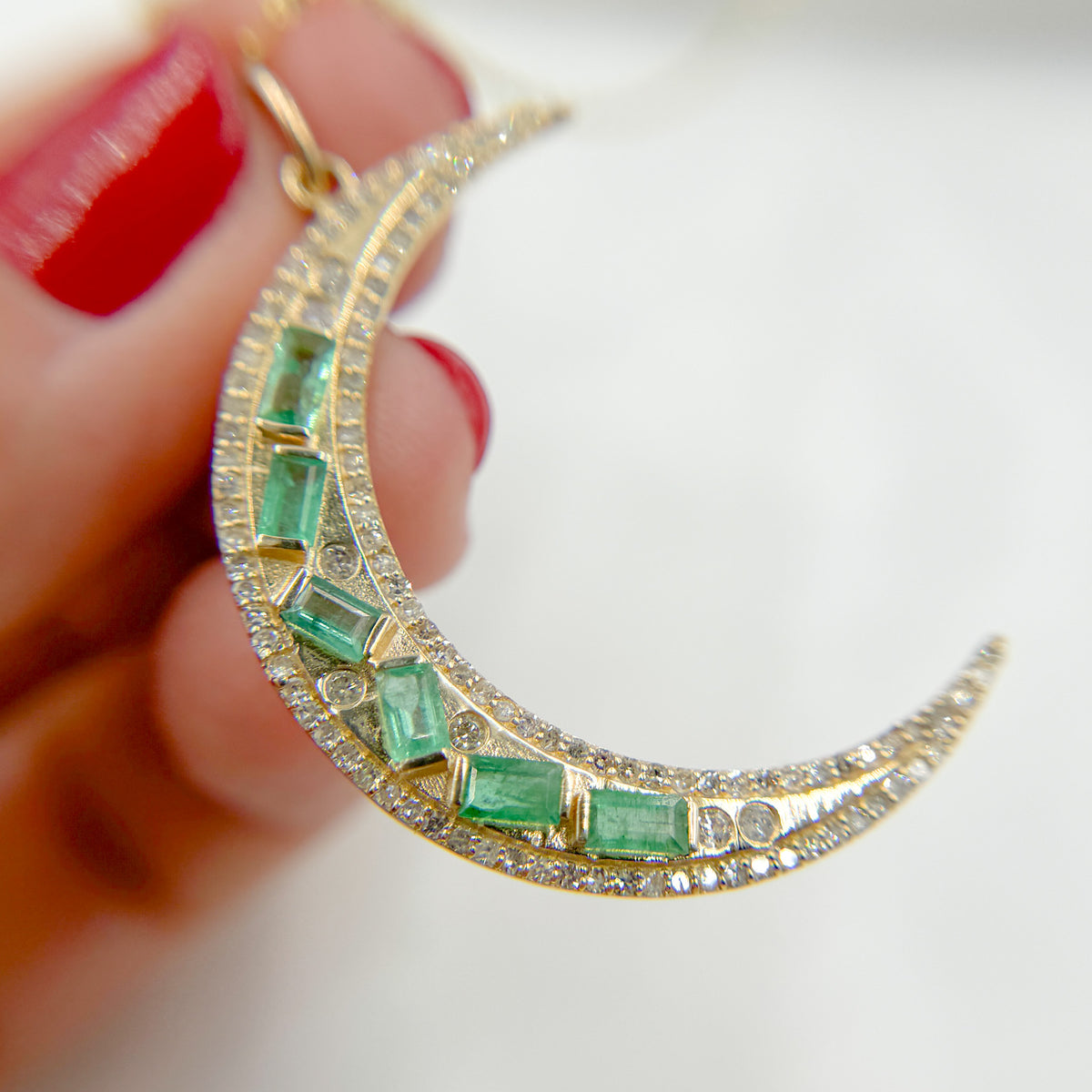 KG292. 14K Solid Gold Diamond and Emerald Moon Charm