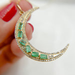 Load image into Gallery viewer, 14K Solid Gold Diamond and Emerald Moon Charm. KG292
