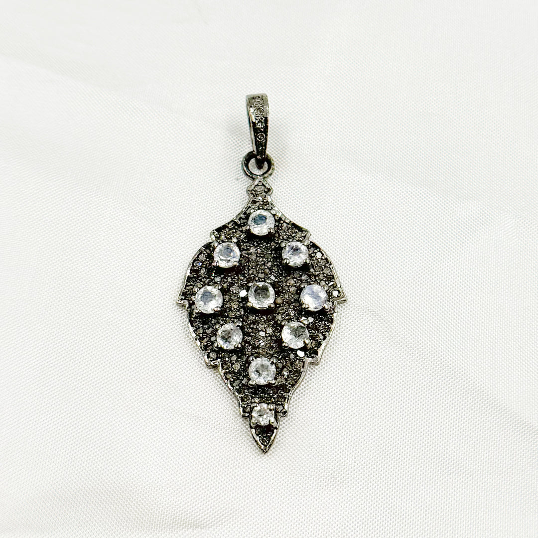 DSP038.  Diamond Sterling Silver Leaf Shape Pendant with Gemstones