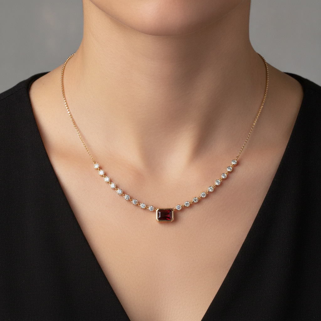 CN97270RU7X5. 14K Solid Gold Diamond & Ruby Petite Rectangle Necklace