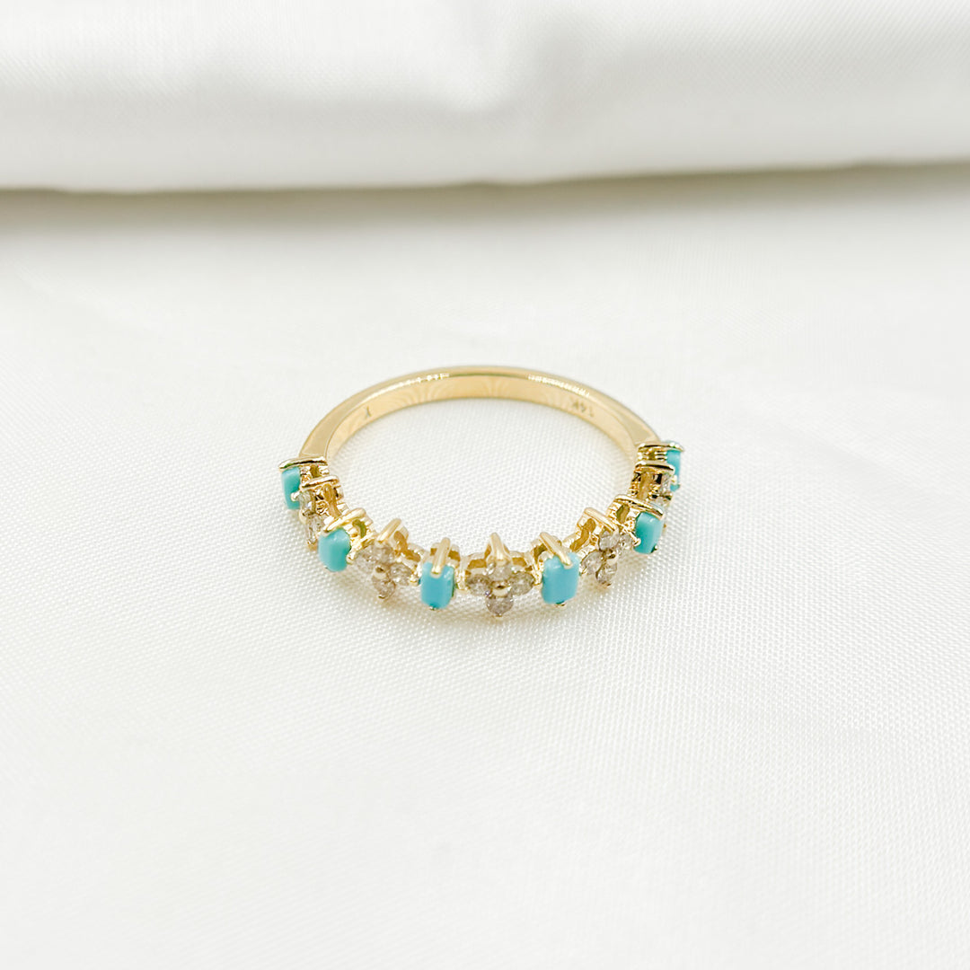 14K Solid Yellow Gold Diamond and Turquoise Flower and Baguette Ring. RAF01630TQ