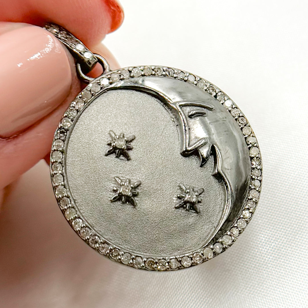 DP722. Diamond Sterling Silver Moon & Star Round Pendant