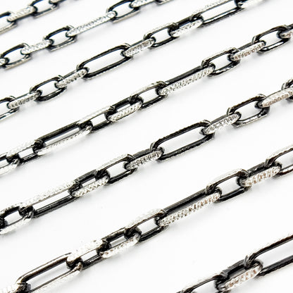 Z119SBDC. Black Rhodium and White Sterling Silver Paperclip Diamond Cut Cable Chain