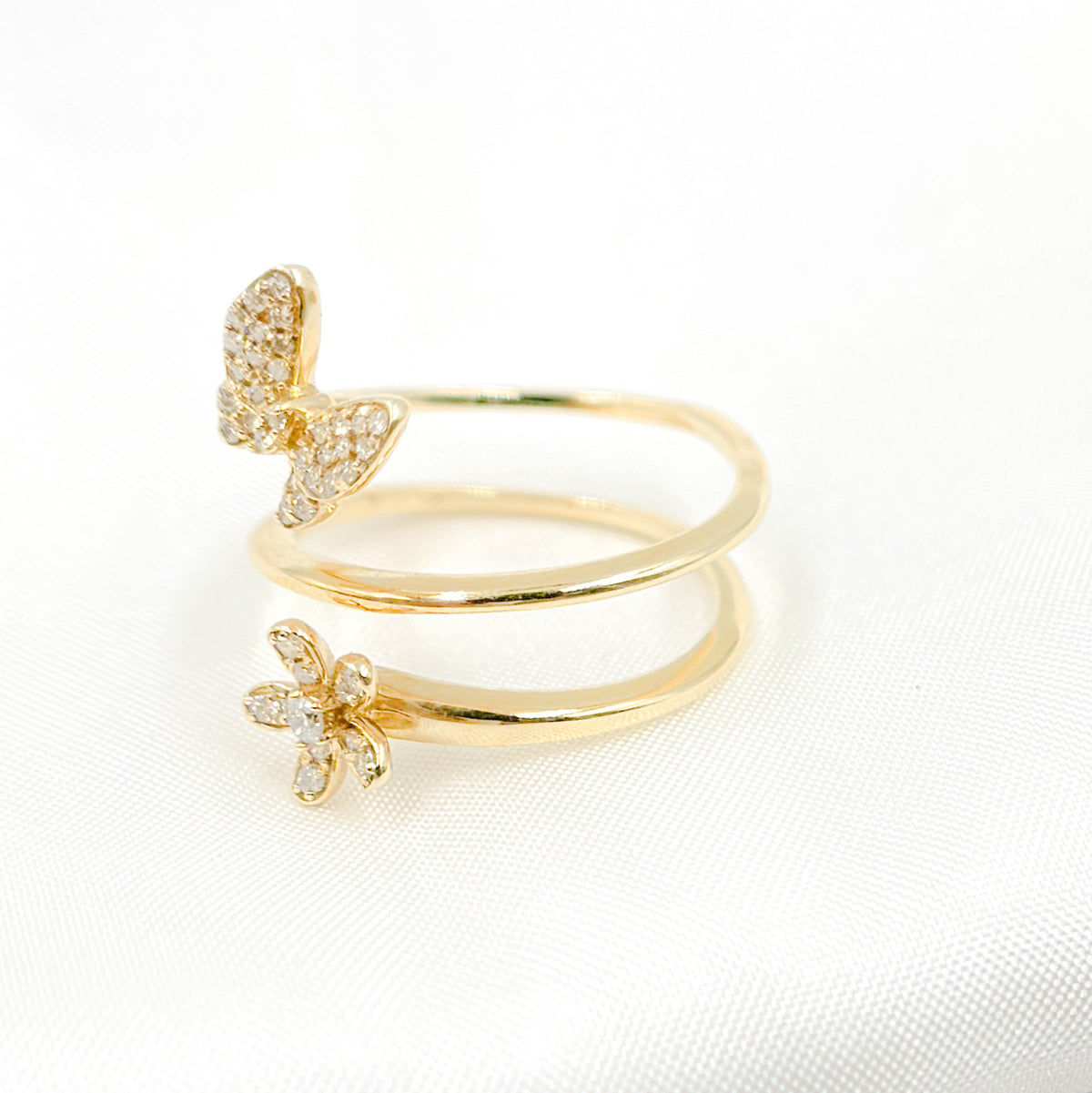 14K Solid Gold Yellow Butterfly and Flower Ring.