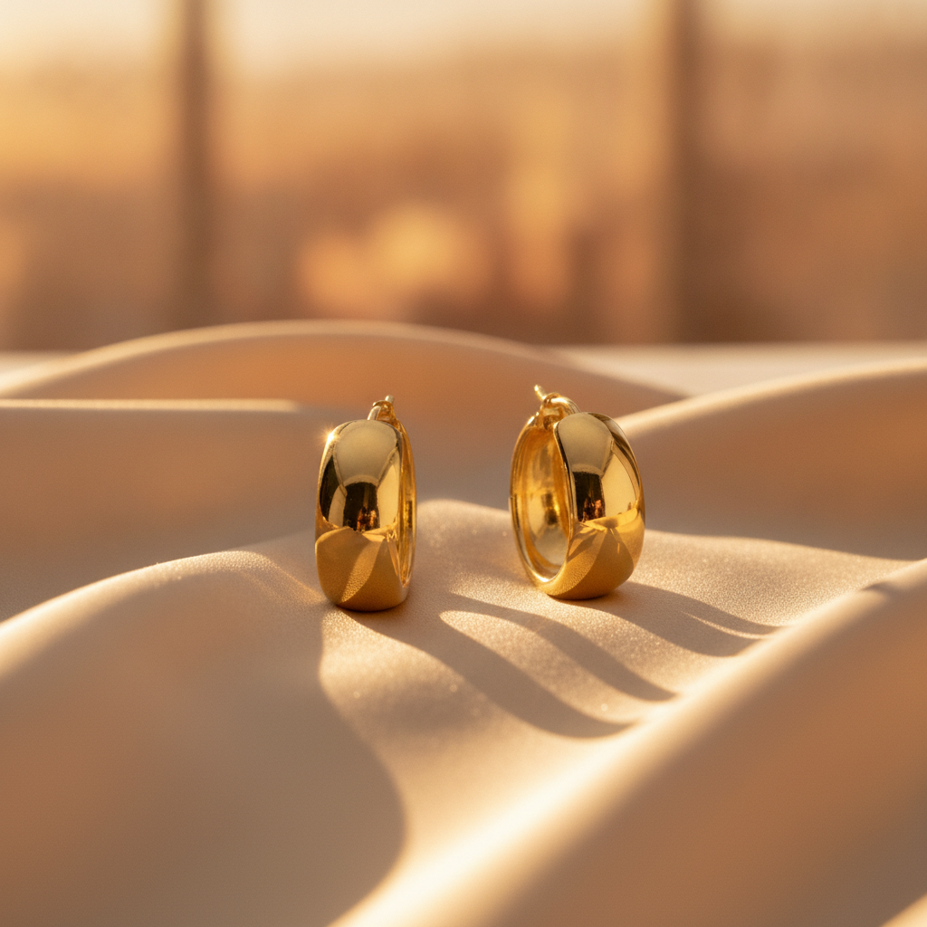 GER94. 14K Gold Smooth Hollow Hoop Earrings