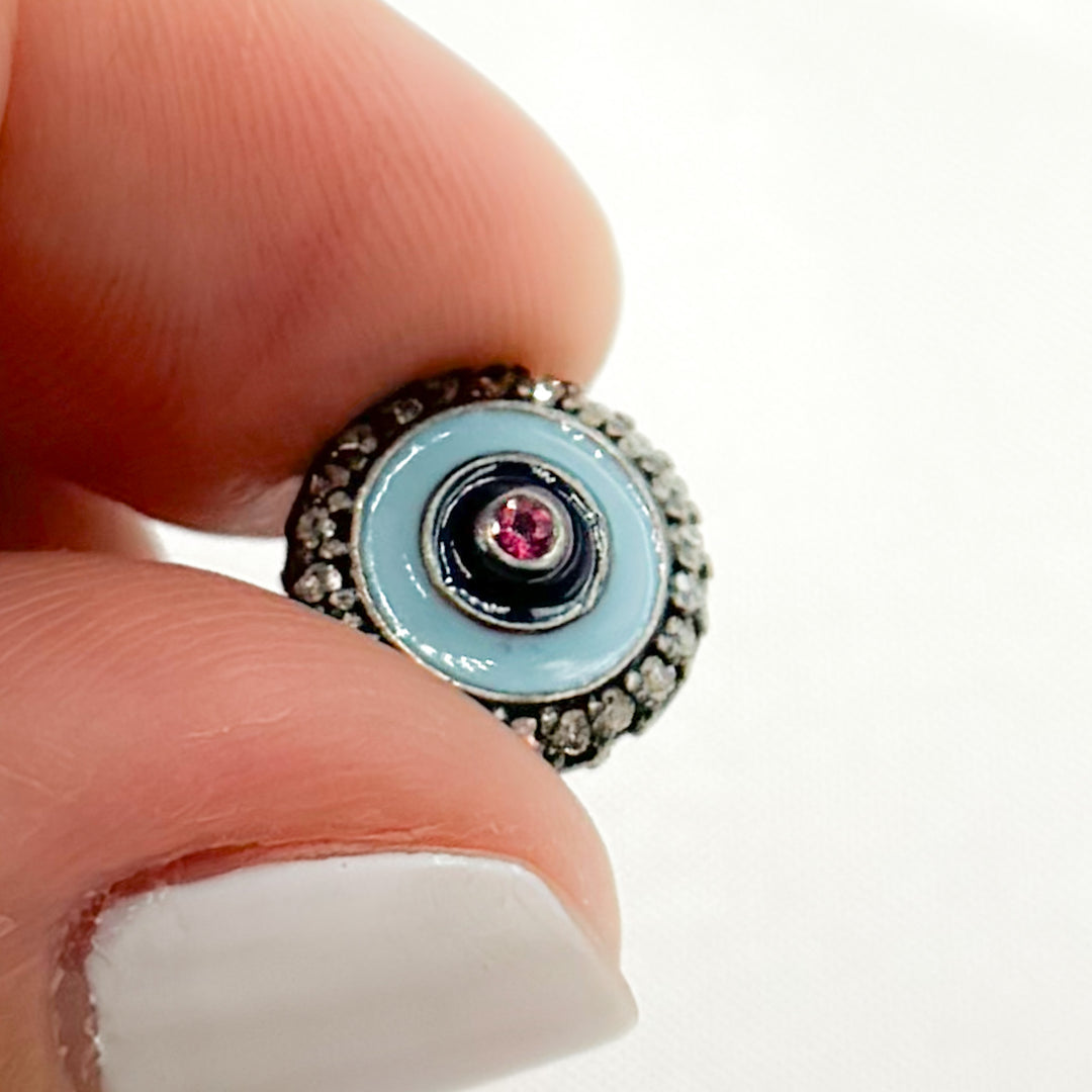 DC142A. Diamond Sterling Silver Round Enamel Bead with Gemstone