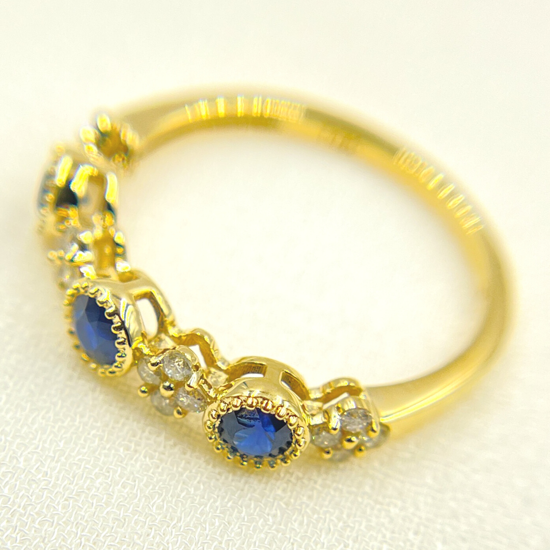 14K Solid Yellow Gold Diamond and Blue Sapphire Ring. RAC01373BS