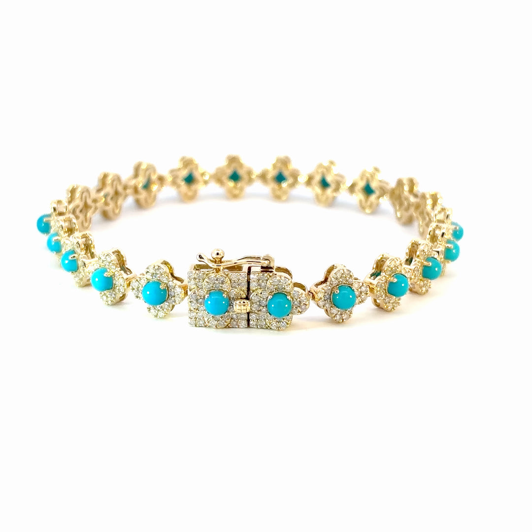BR402766. 14K Solid Gold Diamond and Turquoise Flower Bracelet