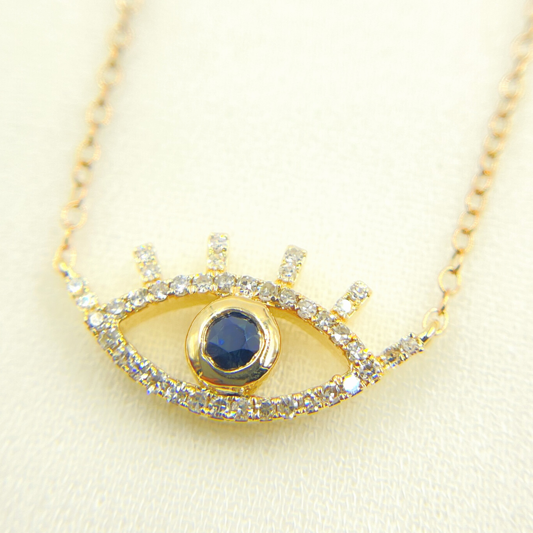 14k Solid Yellow Gold, Diamonds & Precious Stone Cable Link Evil Eye Necklace. NFC70804BS