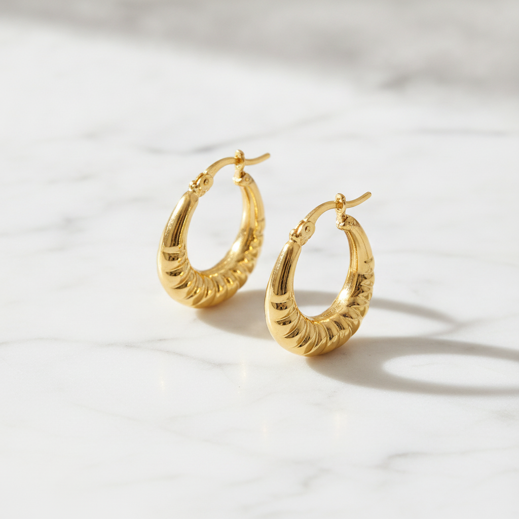GER176. 14k Yellow Gold Croissant Small Hollow Hoops