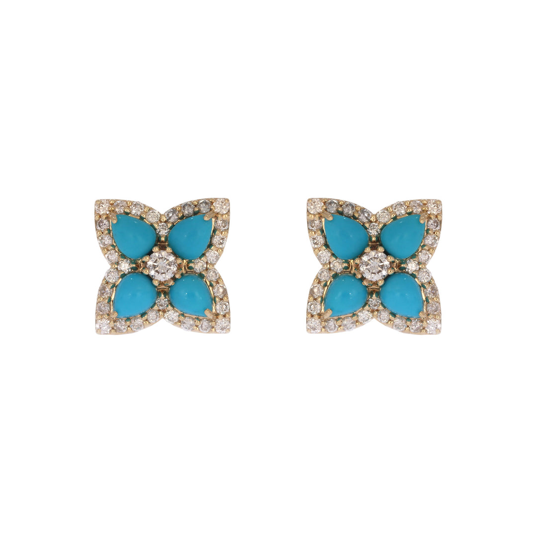 CE97451TQ4X3. 14K Solid Yellow Gold Diamond and Turquoise Flower Stud Earring