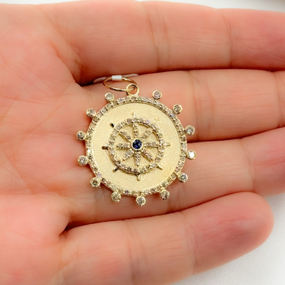 GDP559. 14K Solid Gold Circle Charm with Star in the Center with Diamonds and Gemstone