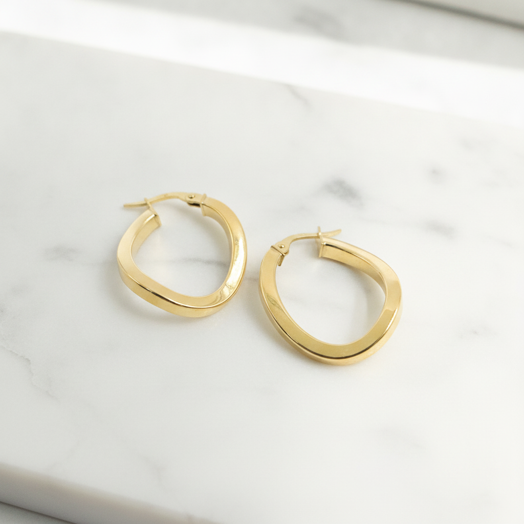 GER93. 14K Hollow Gold Flat & Twisted Hoop Earrings