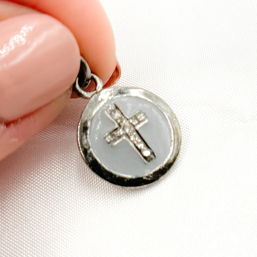 DC028A. Diamond Sterling Silver Round Cross Enamel Charm