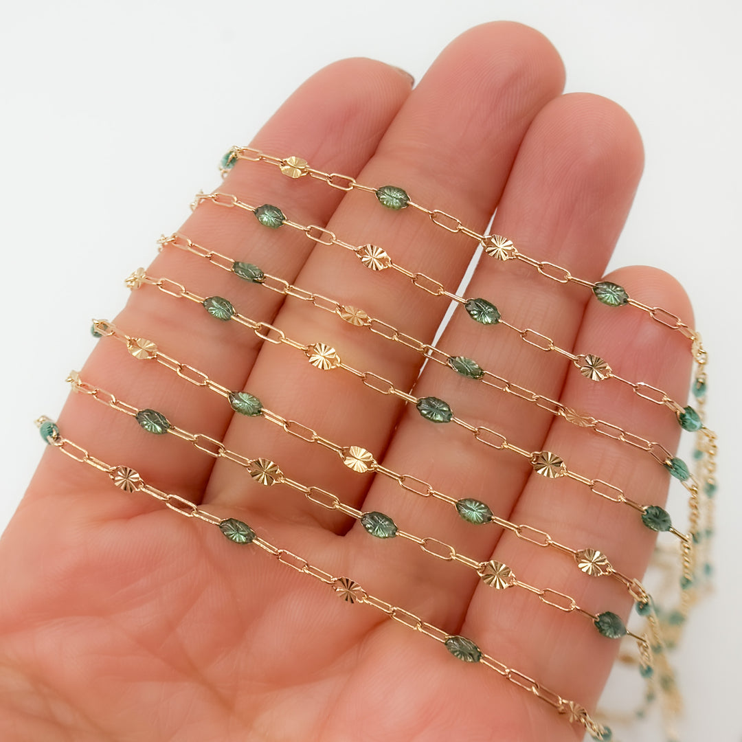 V295OGGF. 14K Gold Filled Olive Green Color Enamel with Paperclip and Diamond Cut Marina Links