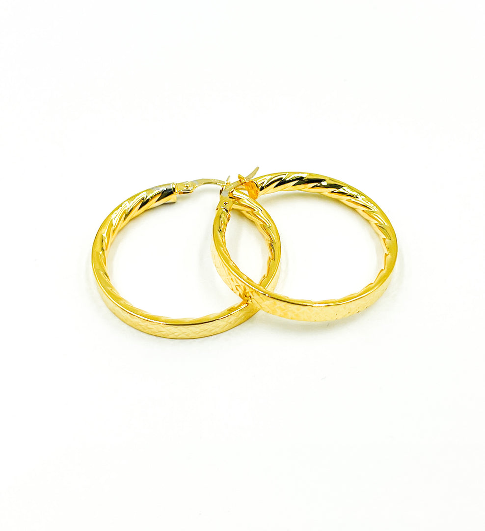 GER2. 14K Solid Gold Textured Hollow Hoops Earrings