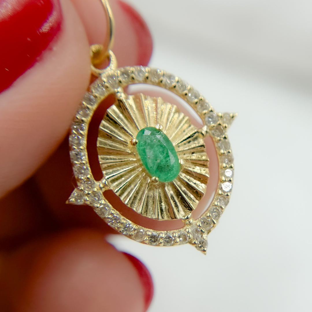 14k Solid Gold Diamond and Emerald Oval Charm.  GDP651