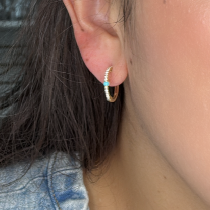 EHC56665TQ. 14k Solid Gold Diamond and Turquoise Hoops