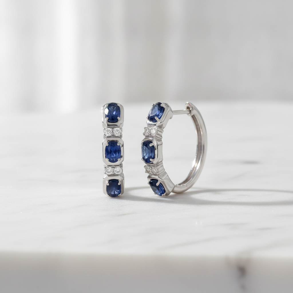 CE97504BS4X3. 14K Solid White Gold Blue Sapphire Oval Hoops