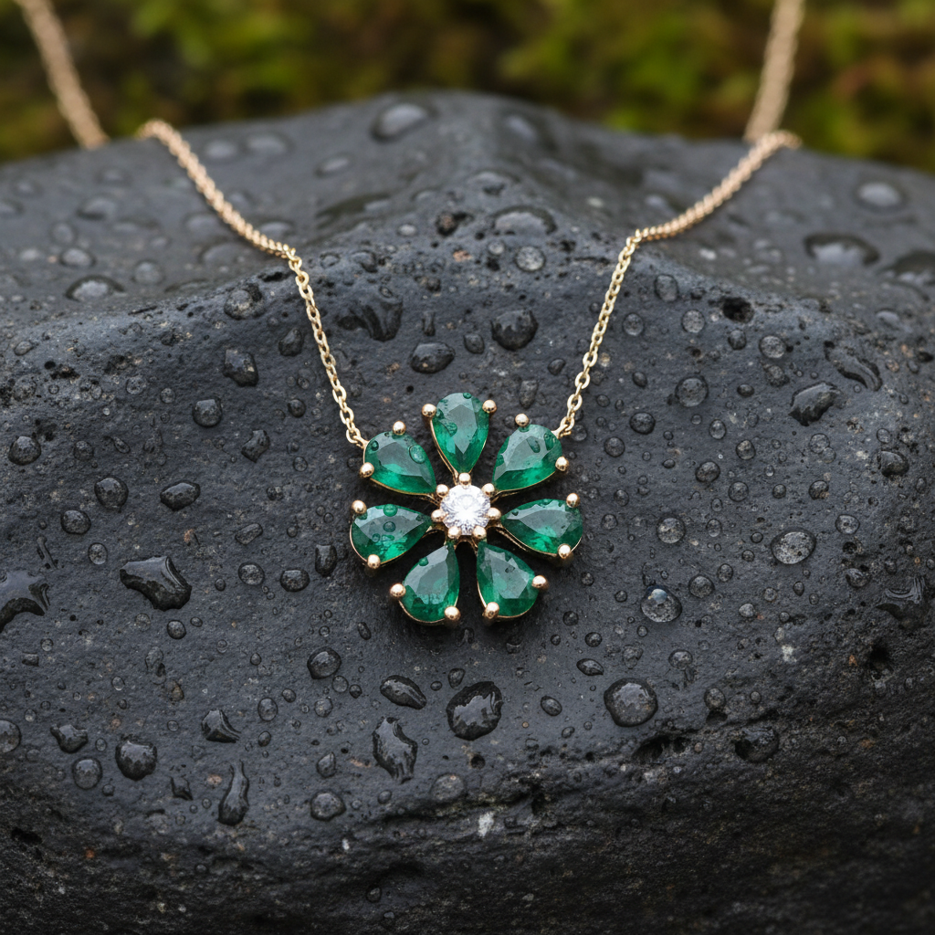 CN97250EM6X4. 18K Solid Gold Diamond and Emerald Flower Shape Necklace