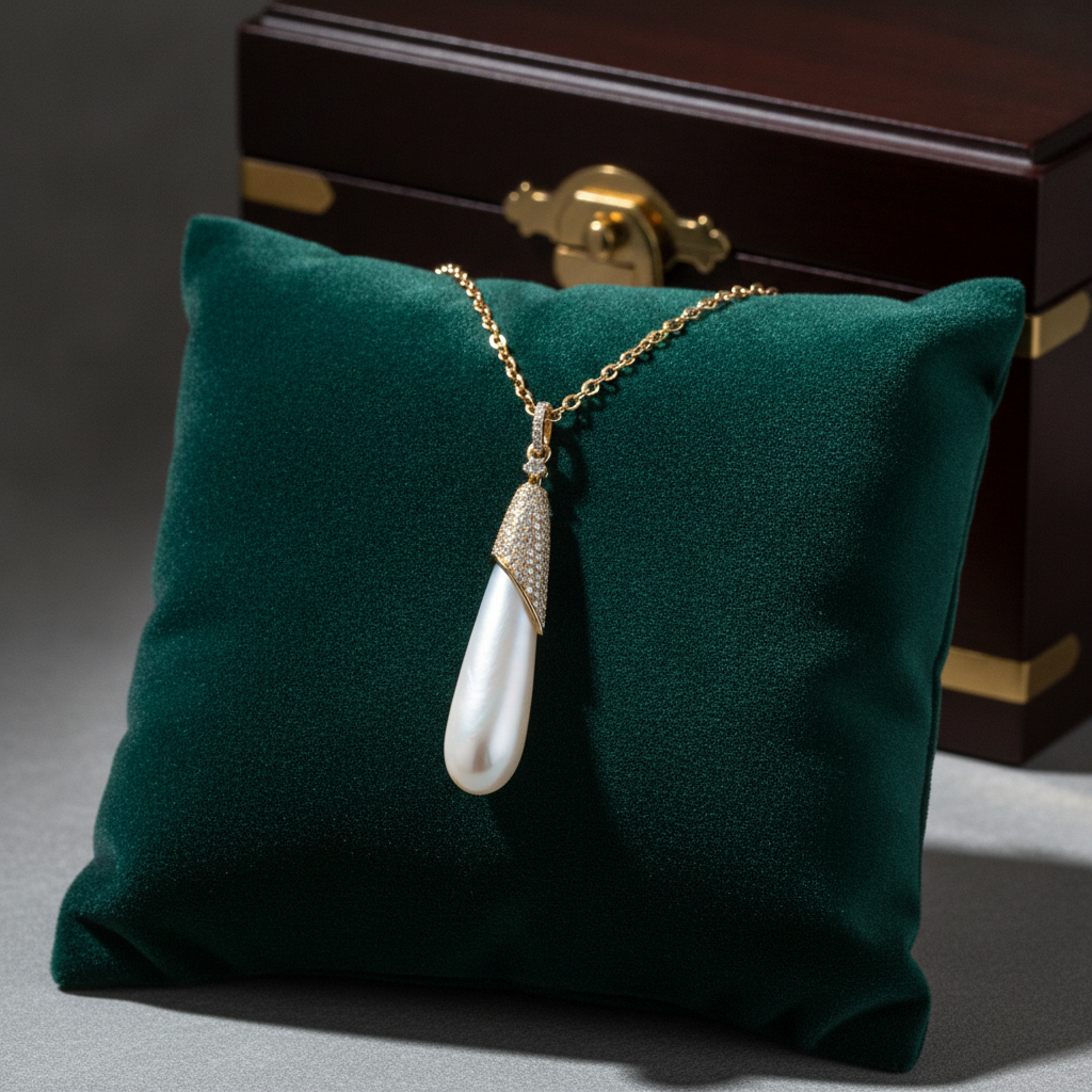 PFH32907PL. 14K Solid Gold Diamond and Pearl Dangle Drop Necklace