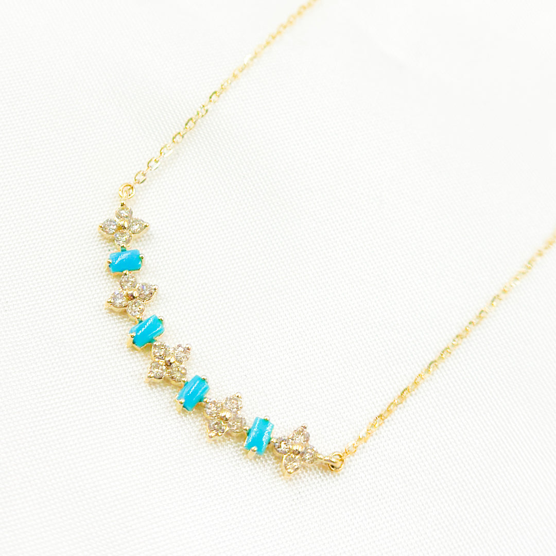 14K Solid Gold Diamond and Gemstone Flower & Baguette Necklace. NFE71566