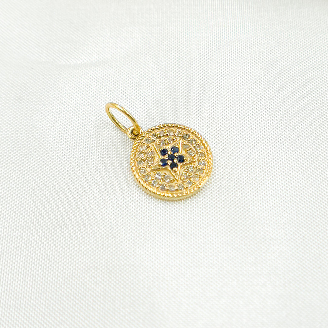 14K Solid Gold Diamond and Gemstone Star Circle Charm. GDP366