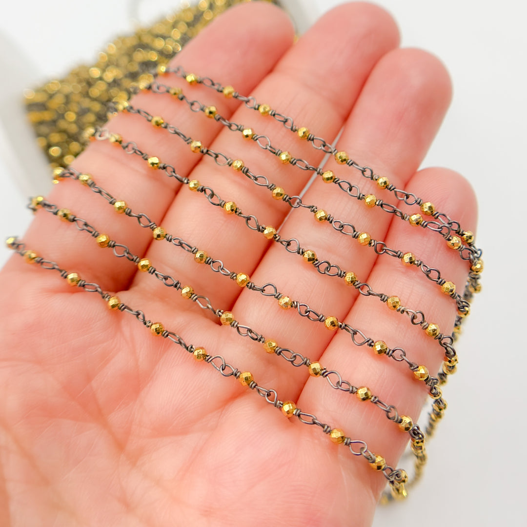 PYR14. Black Rhodium Sterling Silver and Gold Pyrite Wire Wrapped Beads Chain
