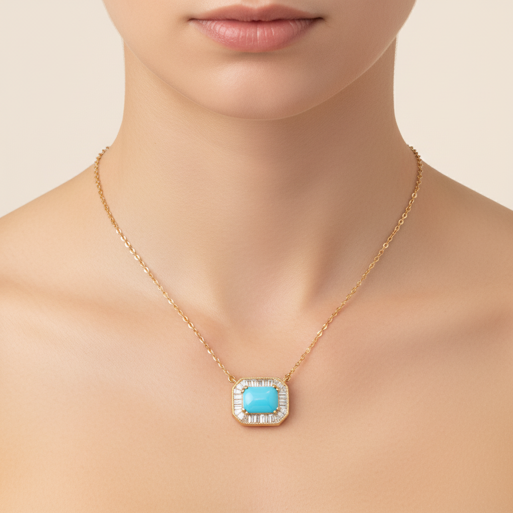 CN97216TQ8X6. 18K Solid Gold Diamond & Turquoise Necklace