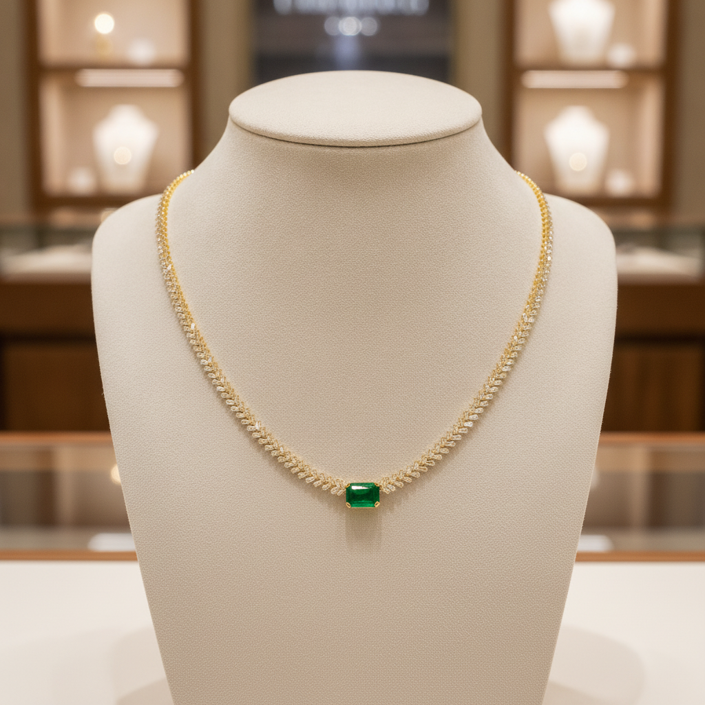 NK402201. 14K Solid Gold Baguette Diamond and Solitaire Emerald Necklace