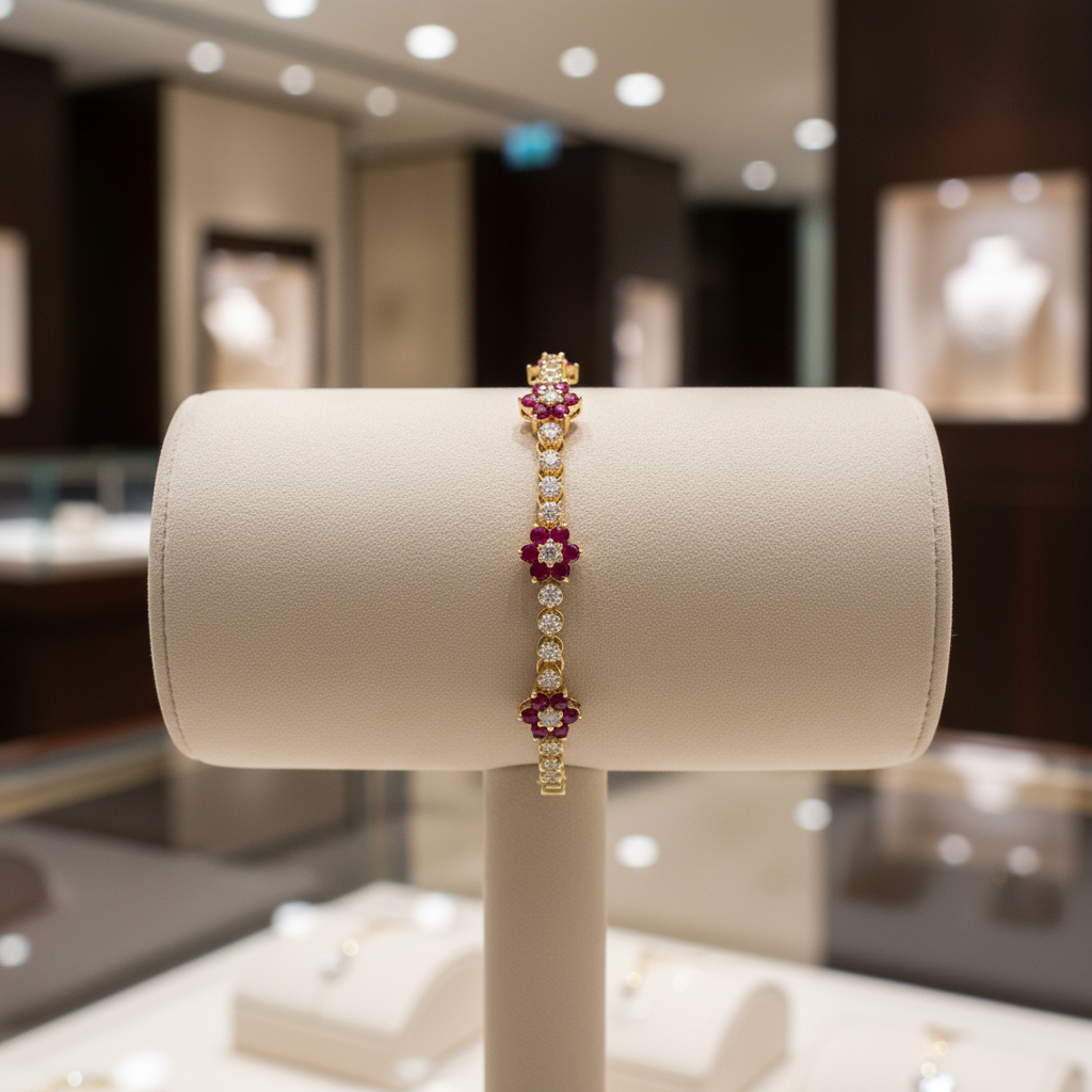 BR402699. 14k Solid Gold Diamond and Gemstone Fancy Flower Bracelet