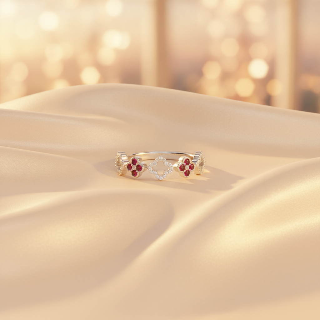 RAE02561. 14K Solid Gold Diamond and Gemstone Flower Ring
