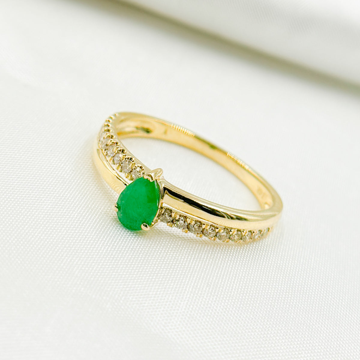 14K Solid Yellow Gold Diamond and Emerald Double Line Drop Ring.