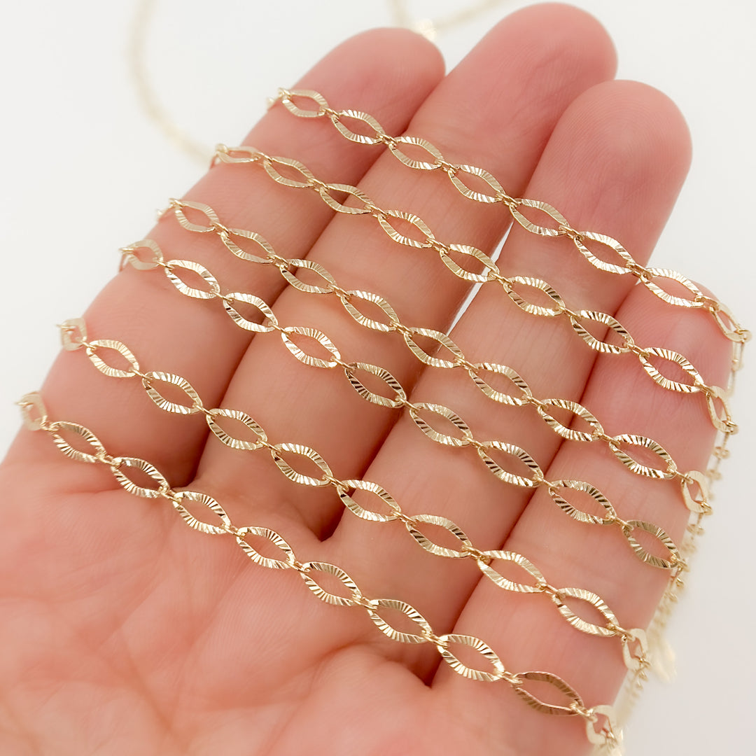 14k Solid Yellow Gold Diamond Cut Flat Oval Link Chain