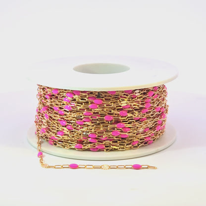 V295PKGF. 14K Gold Filled Pink Color Enamel with Paperclip and Diamond Cut Marina Links