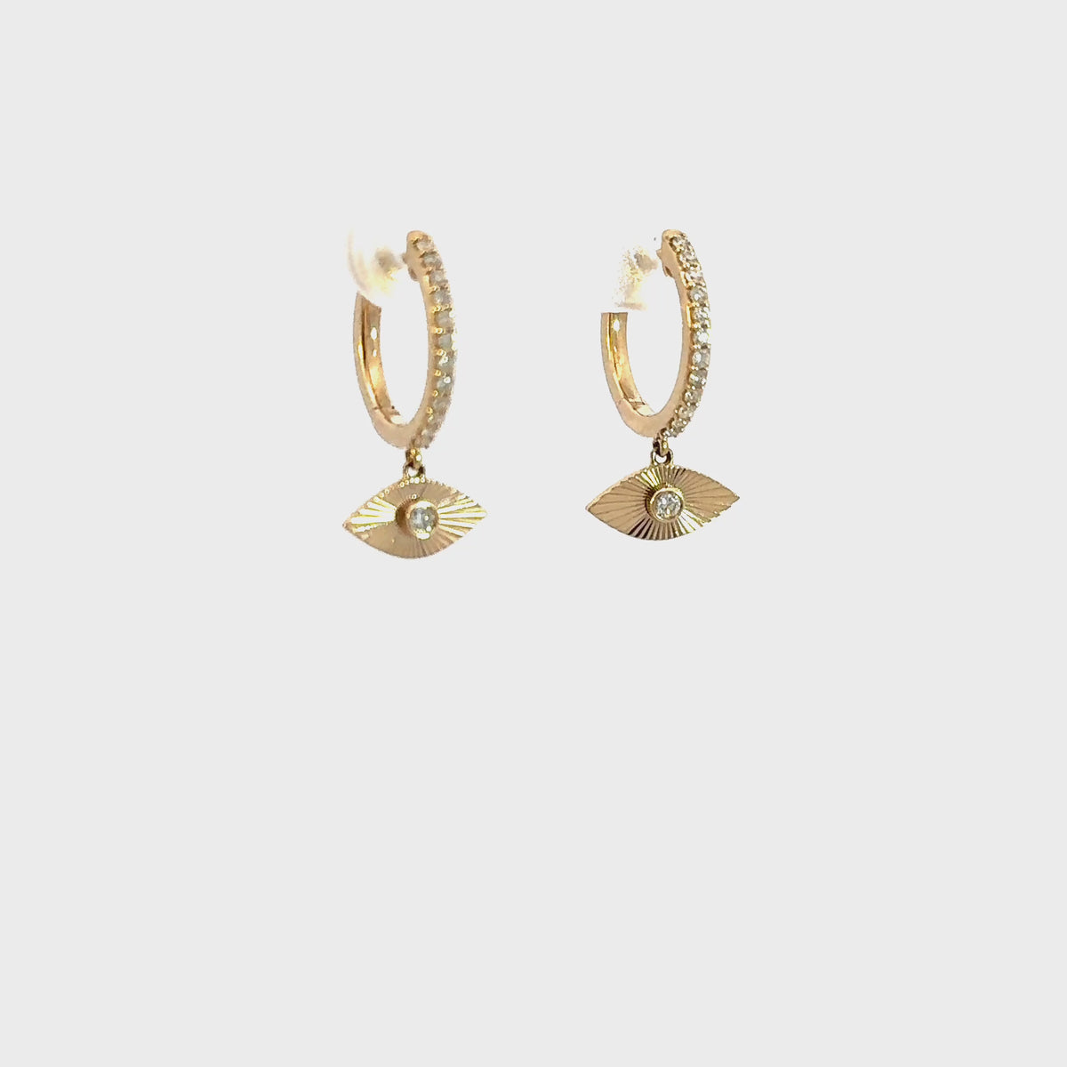 14k Solid Yellow Gold Diamond Hoops and Dangle Eye_VIdeo